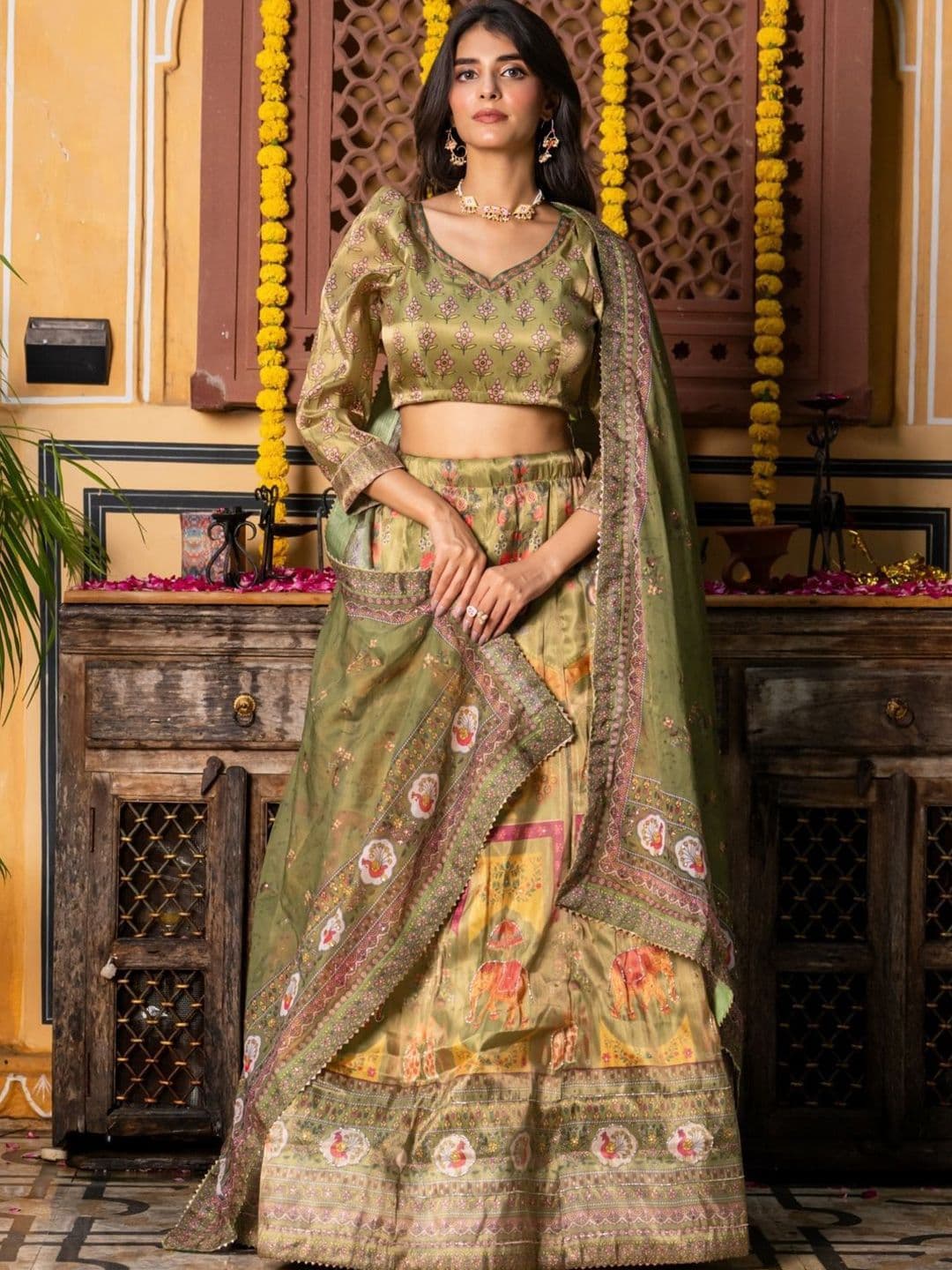HOUSE OF JAMOTI Green Printed Ready To Wear Tissue Lehenga & Blouse With Dupatta - view 1