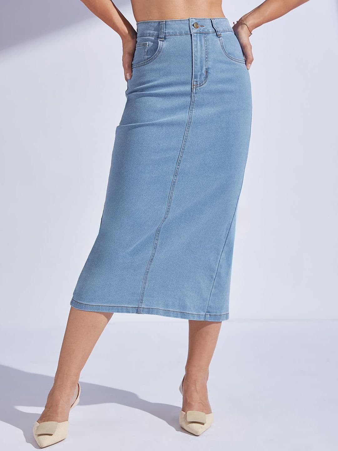 Miss Chase Women's Straight High Rise Clean Look Midi Stretchable Denim Denim Skirt - view 1