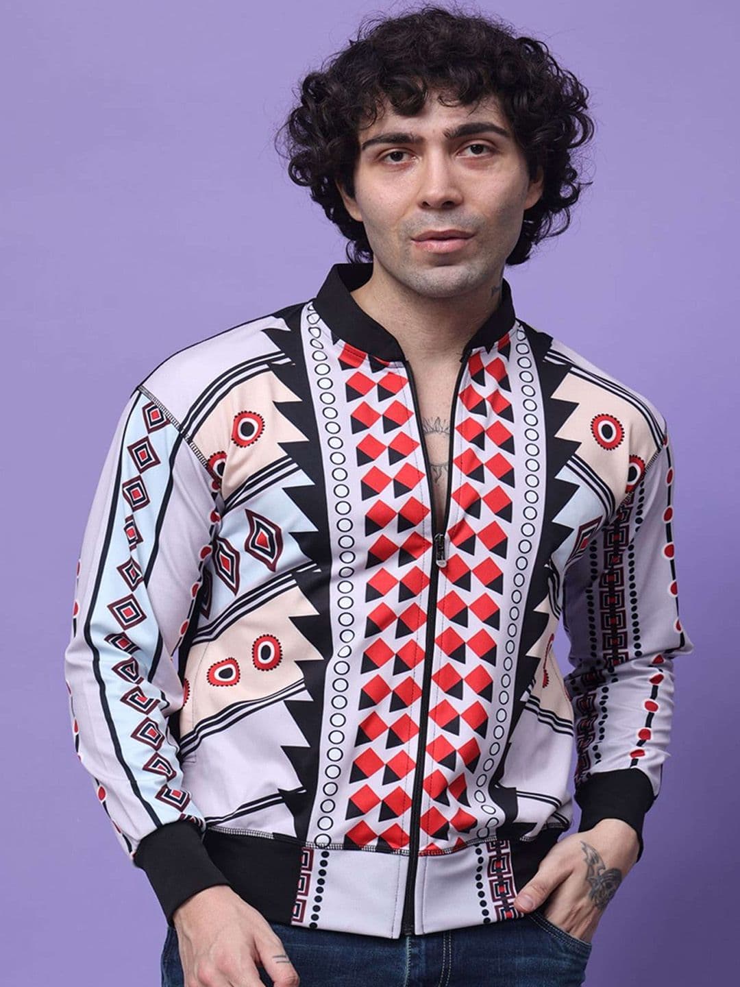 YELLOW TREE Men Stand Collar Geometric Printed Lightweight Bomber Jacket - view 1