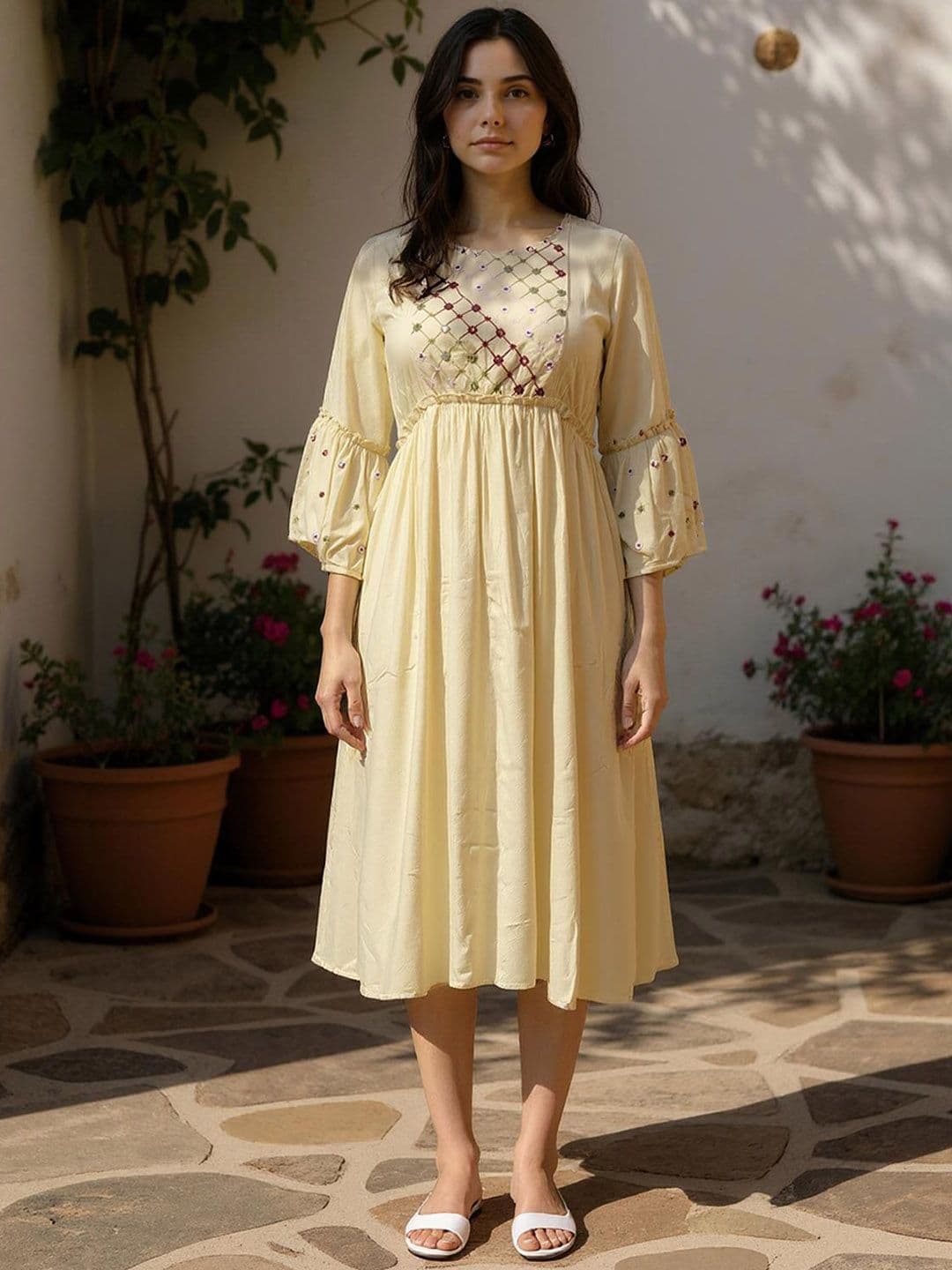 Rangita Geometric Embroidered Fit & Flared Puff Sleeves Midi Dress - view 1