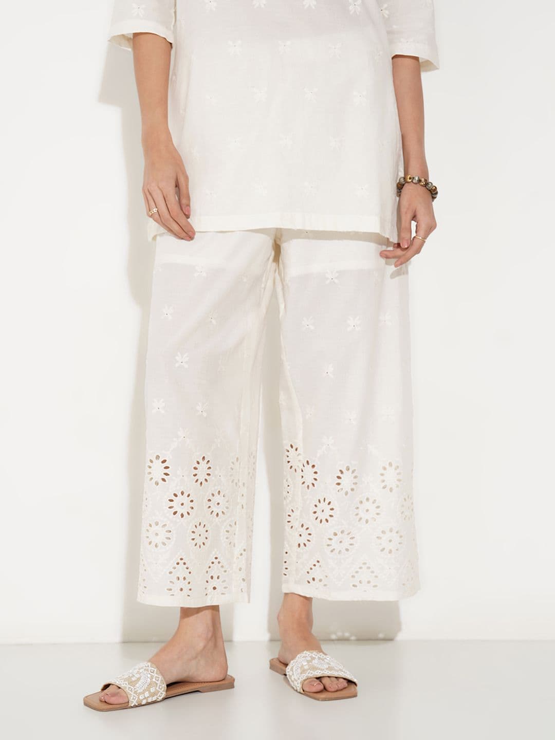 RANGMANCH BY PANTALOONS Floral Hem Design Flared Pure Cotton Palazzos - view 1