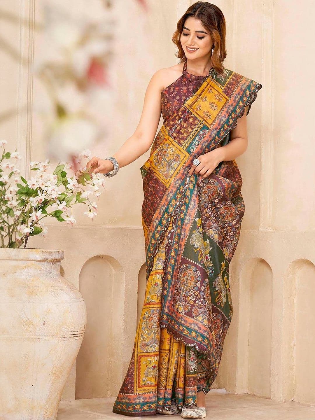 Satrani Ethnic Motifs Printed Sequinned Silk Cotton Saree With Blouse - view 1