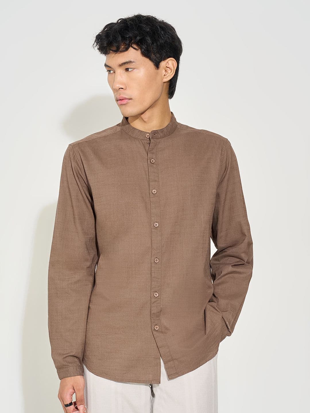 7 Alt by Pantaloons Men Solid Mandarin Collar Cotton Casual Shirt - view 1
