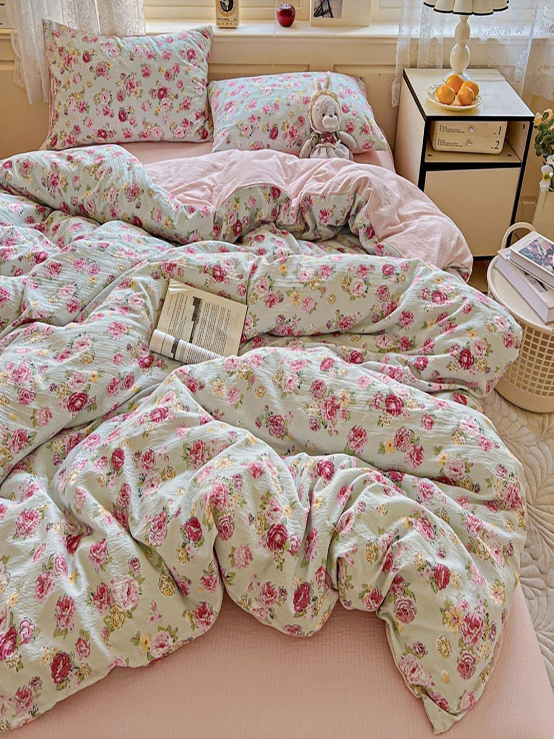 JC HOME Pink & Green Floral Printed AC Room Double King Bedding Set - view 1
