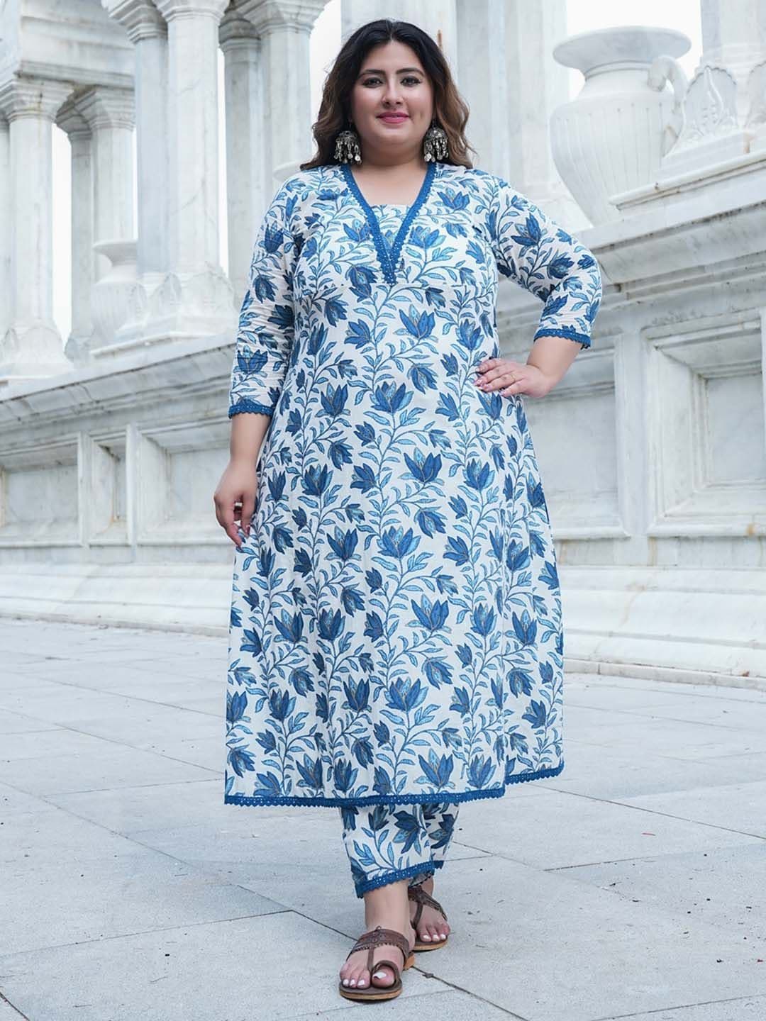 SINSINI Floral Printed V-Neck Pure Cotton Straight Kurta With Trousers - view 1