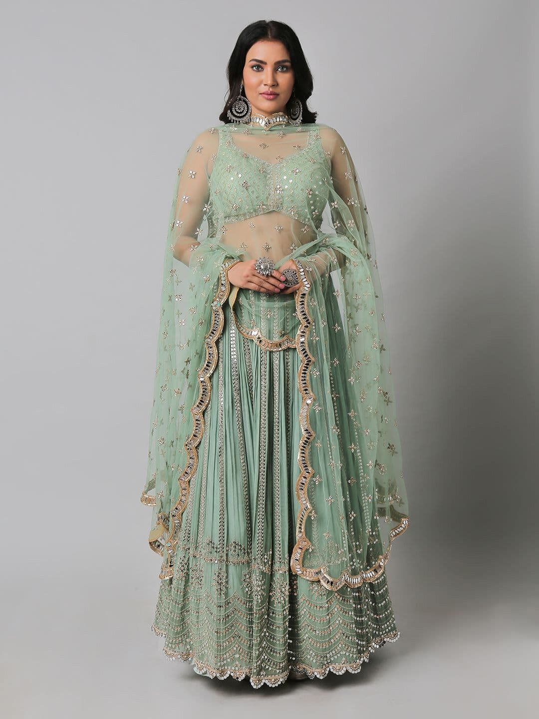 PUSHP PARIDHAN Embroidered Mirror Work Ready To Wear Lehenga & Blouse With Dupatta - view 1