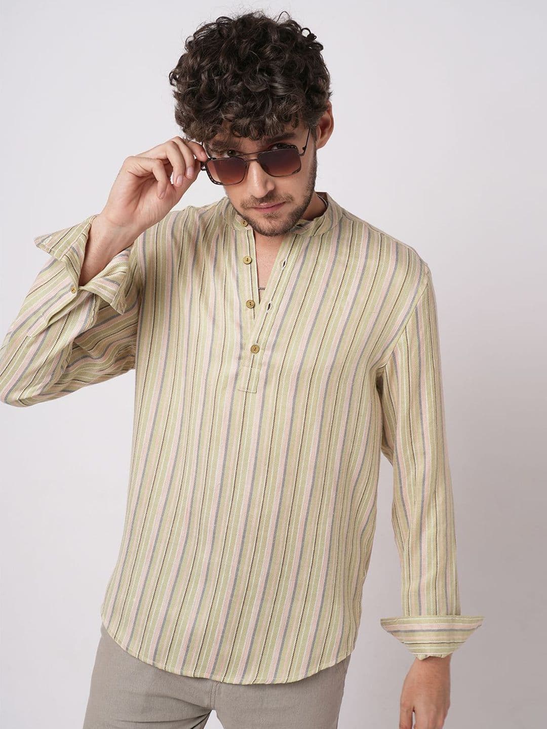 VASTRADO Men Vertical Striped Band Collar Linen Kurta - view 1