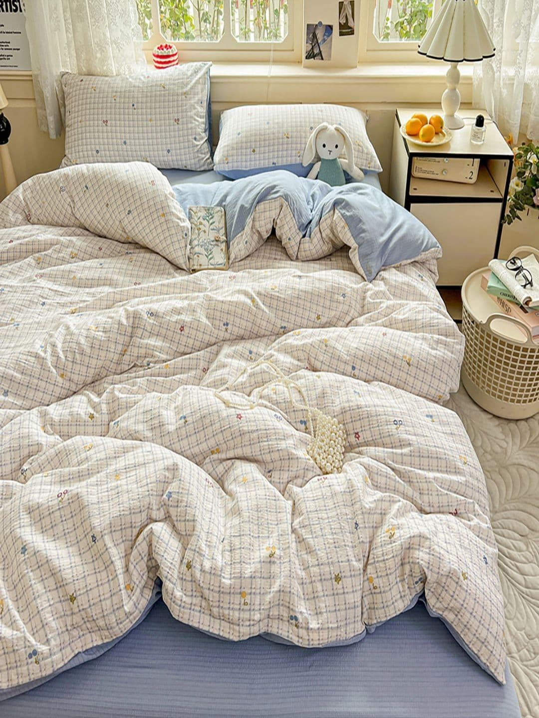 JC HOME Blue & White Checked 4 Piece Double King Regular Bedding Set - view 1