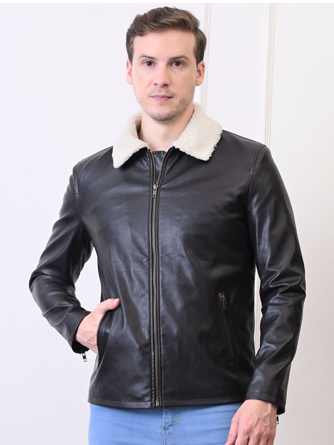 TBOJ Men Spread Collar Solid Water Resistant Leather Jacket - view 1