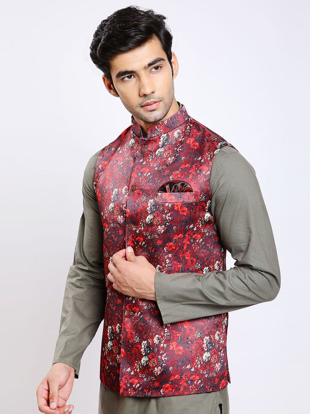 Awadhshree Printed Satin Mandarin Collar Nehru Jacket - view 1