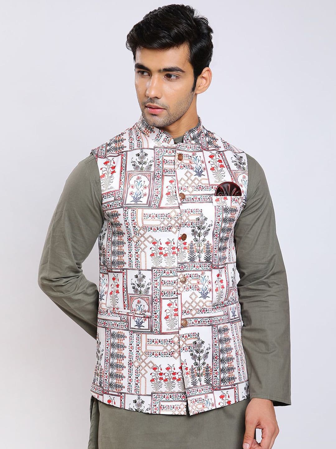 Awadhshree Printed Satin Mandarin Collar Nehru Jacket - view 1