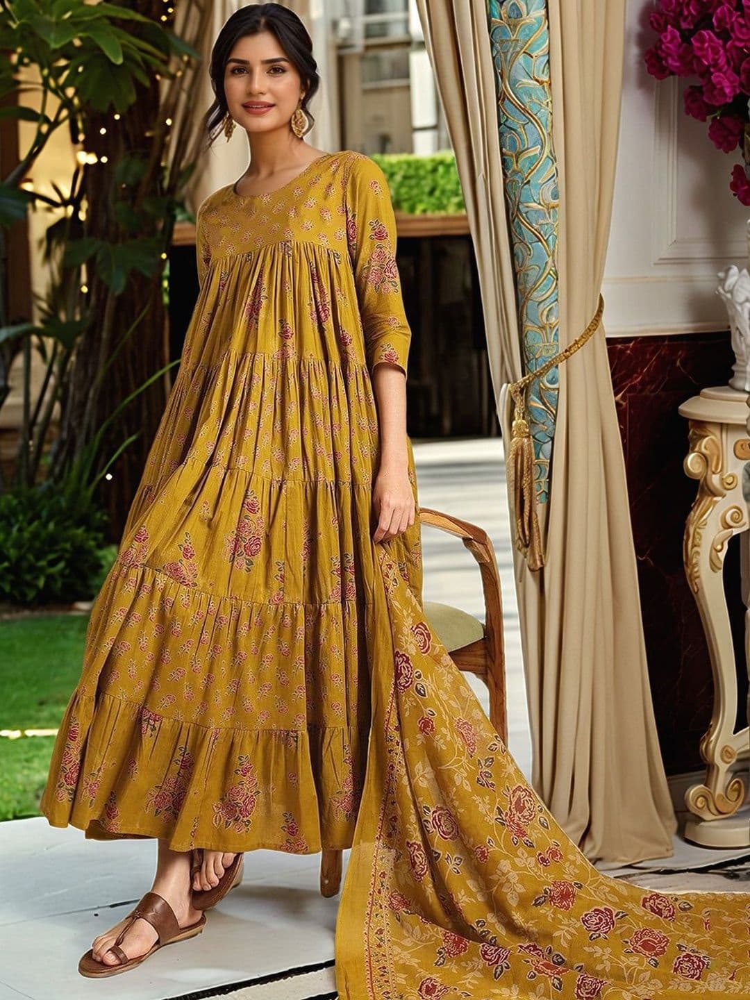 Aaghnya Women Floral Printed Tiered Kurta with Trousers & With Dupatta - view 1