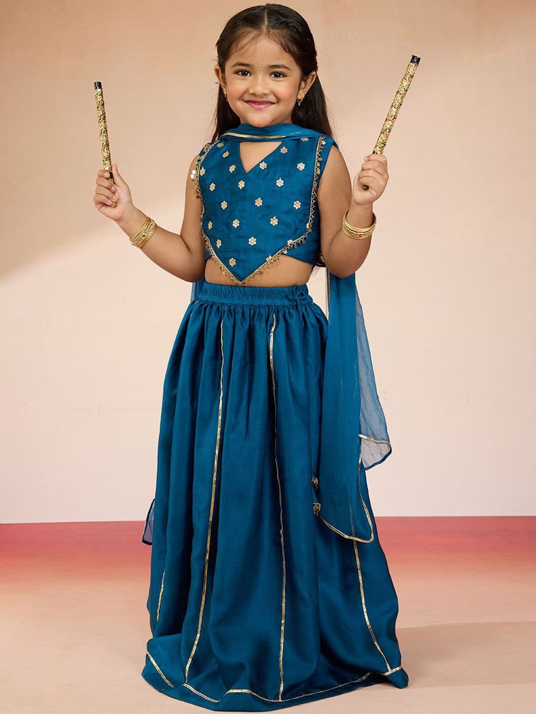 VASTRAMAY Girls Embroidered Sequinned Satin Ready to Wear Lehenga Choli With Dupatta - view 1