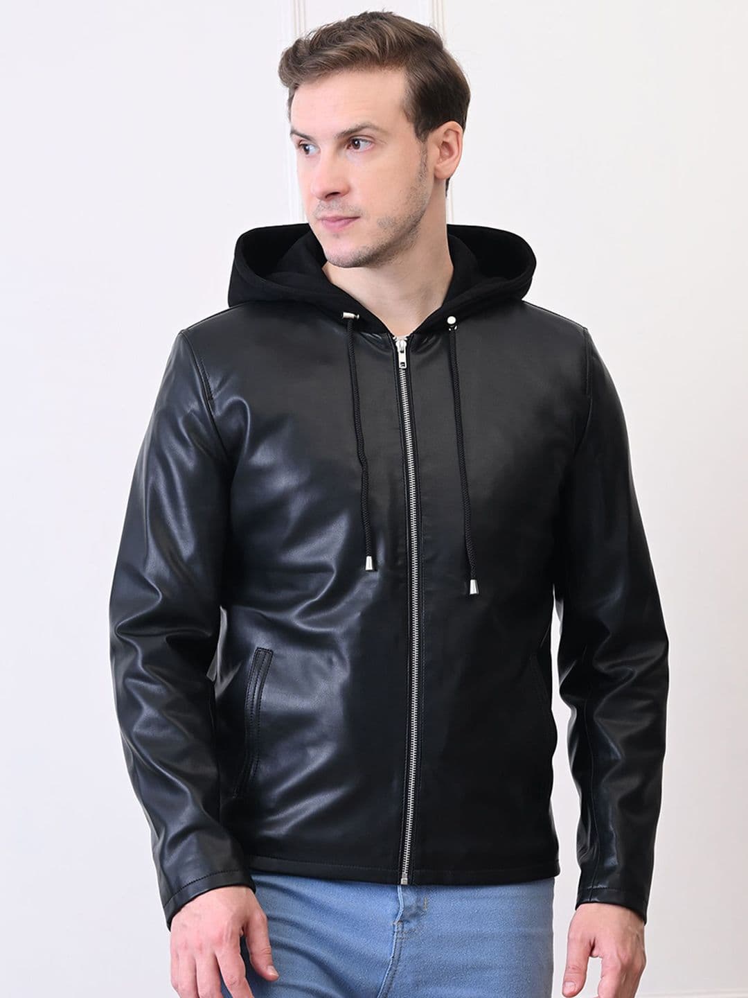 TBOJ Men Hooded Solid Water Resistant Leather Jacket - view 1