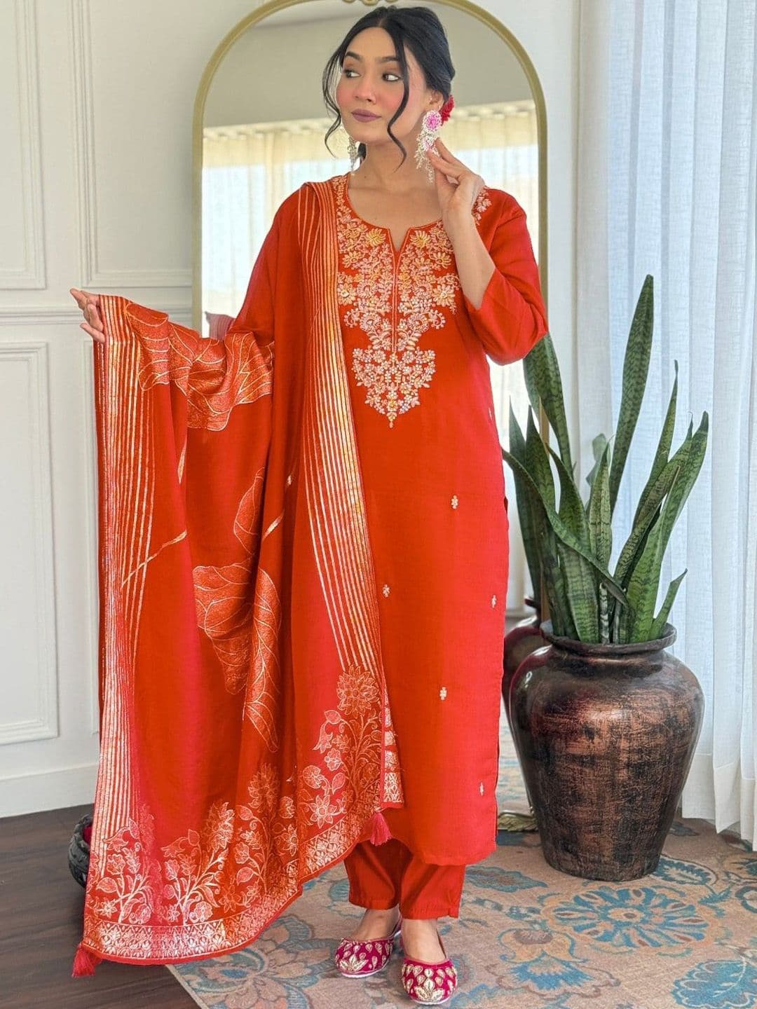 Anouk Rustic Women Ethnic Motifs Embroidered V-Neck Sequinned Kurta with Salwar & Dupatta - view 1