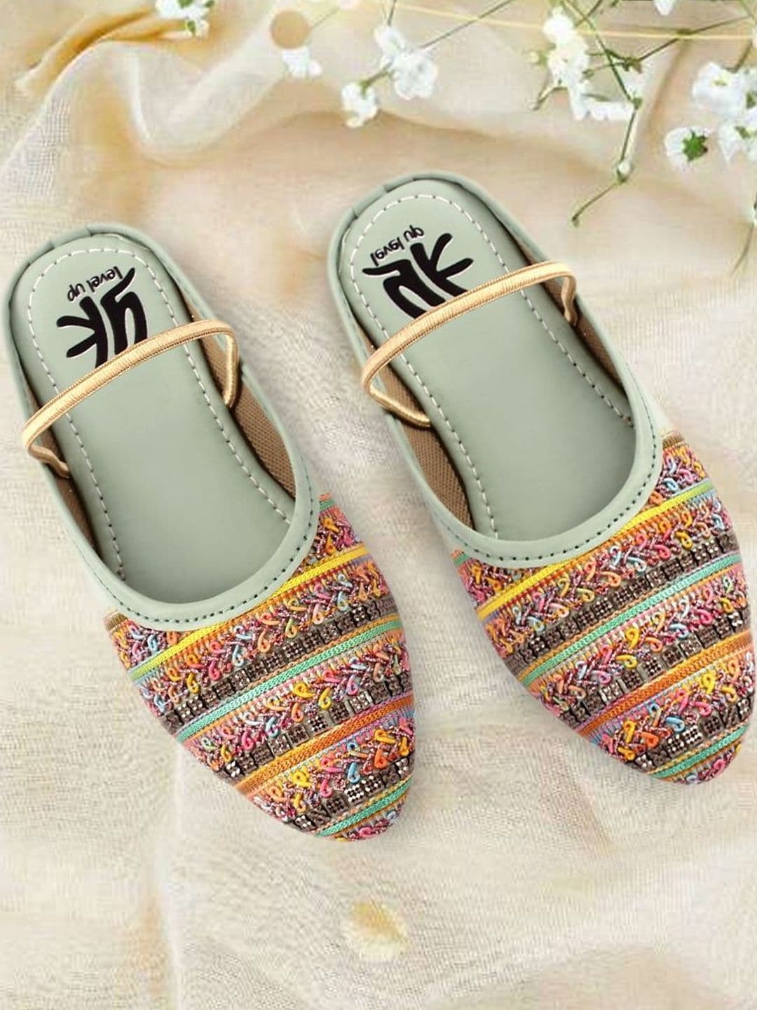 YK Girls Green Embellished Synthetic Leather Flats - view 1