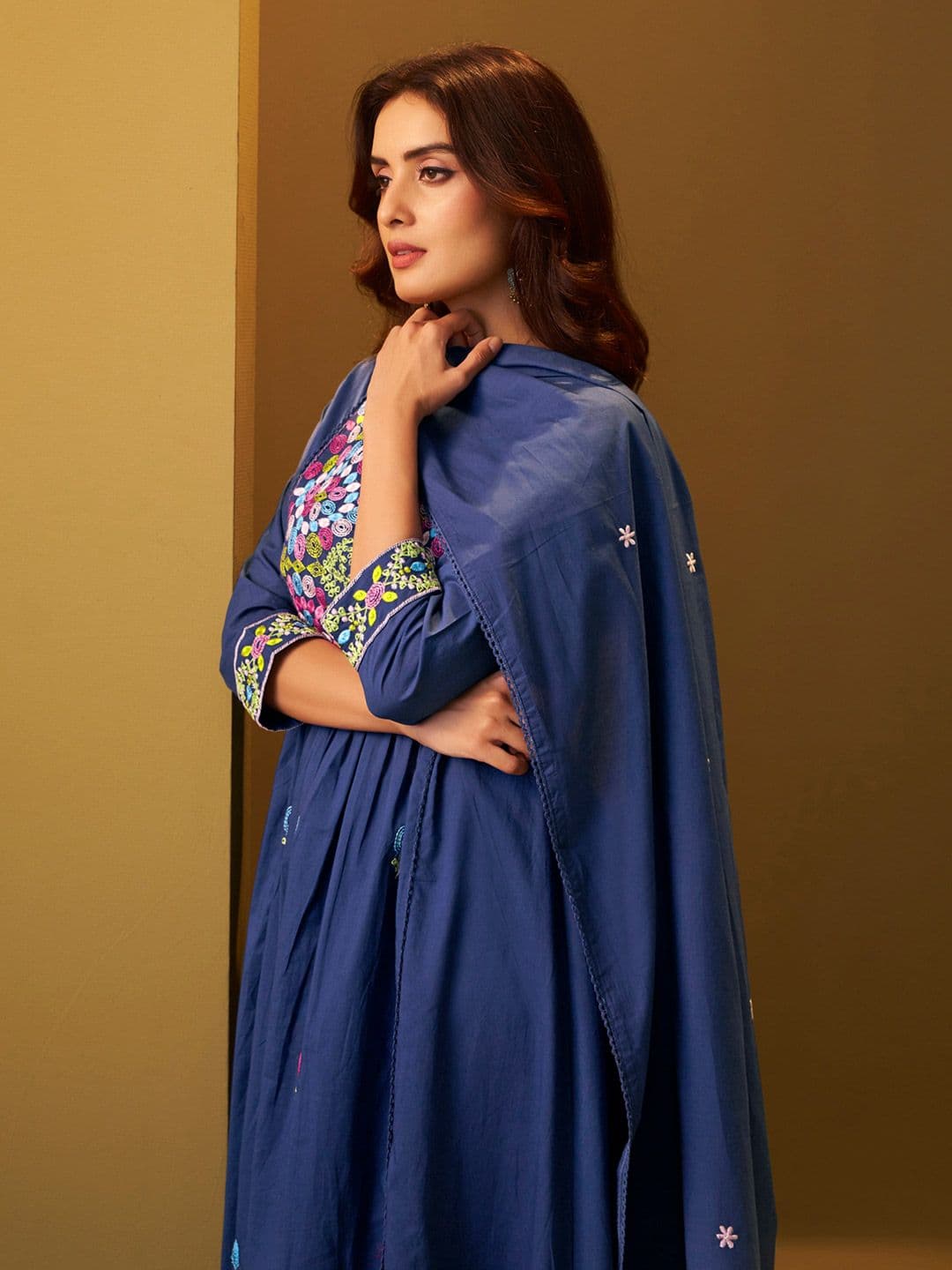DRESOUL Women Floral Embroidered Pleated Pure Cotton Kurta &Trousers With Dupatta - view 1