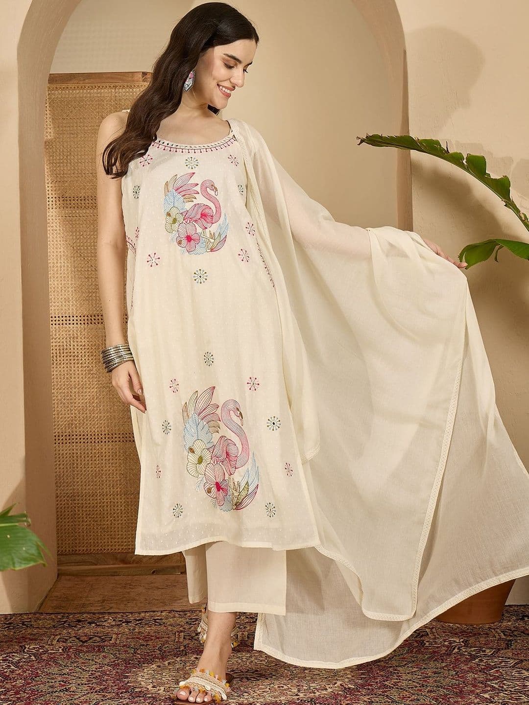 Sangria Women Ethnic Motifs Embroidered Regular Thread Work Pure Cotton Kurta with Trousers & With Dupatta - view 1