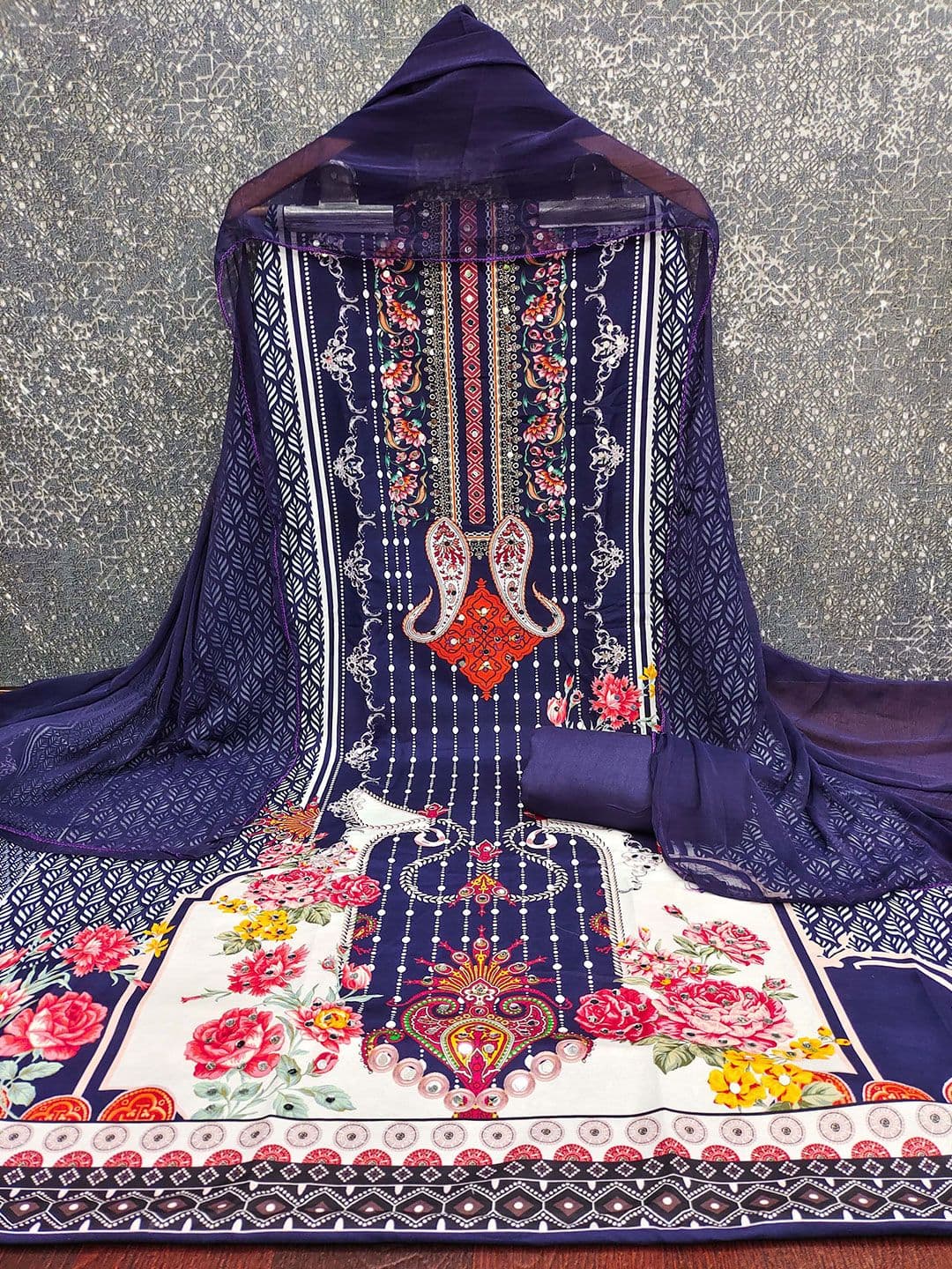 Maroosh Floral Printed Mirror Work Unstitched Dress Material - view 1