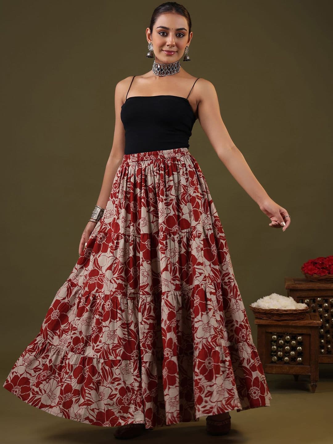 Rimeline Floral Printed Pure Cotton Flared Maxi Skirt - view 1