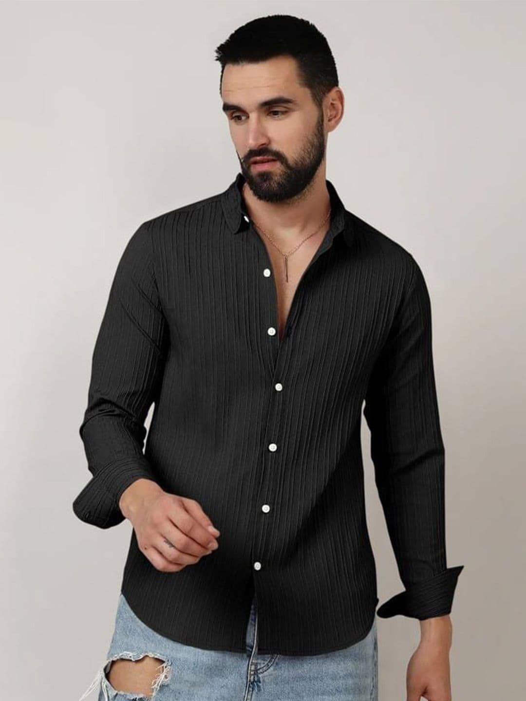 OQUENT Men Standard Fit Textured Spread Collar Casual Shirt - view 1