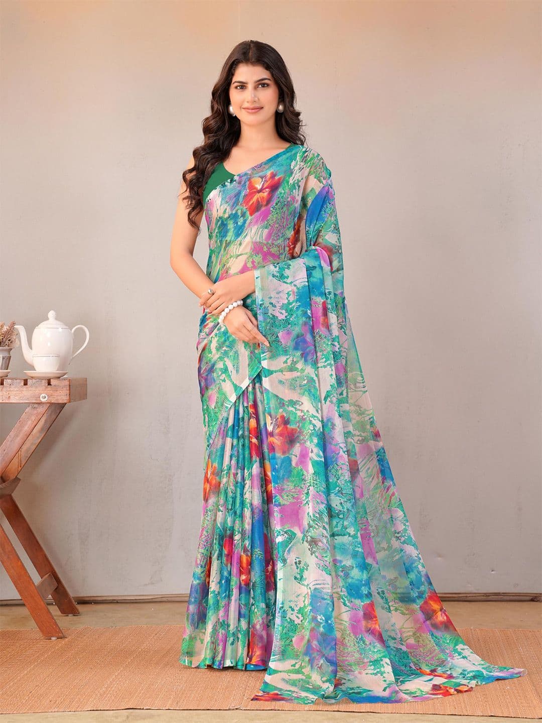 Garden Vareli Women Printed Floral Pure Chiffon Saree - view 1