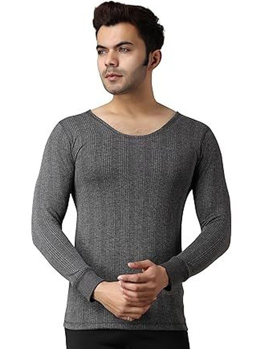Eleg & Stilance Men Grey Woolen Winter Round Neck Long Sleeves Slim Fit Thermal Top - view 1