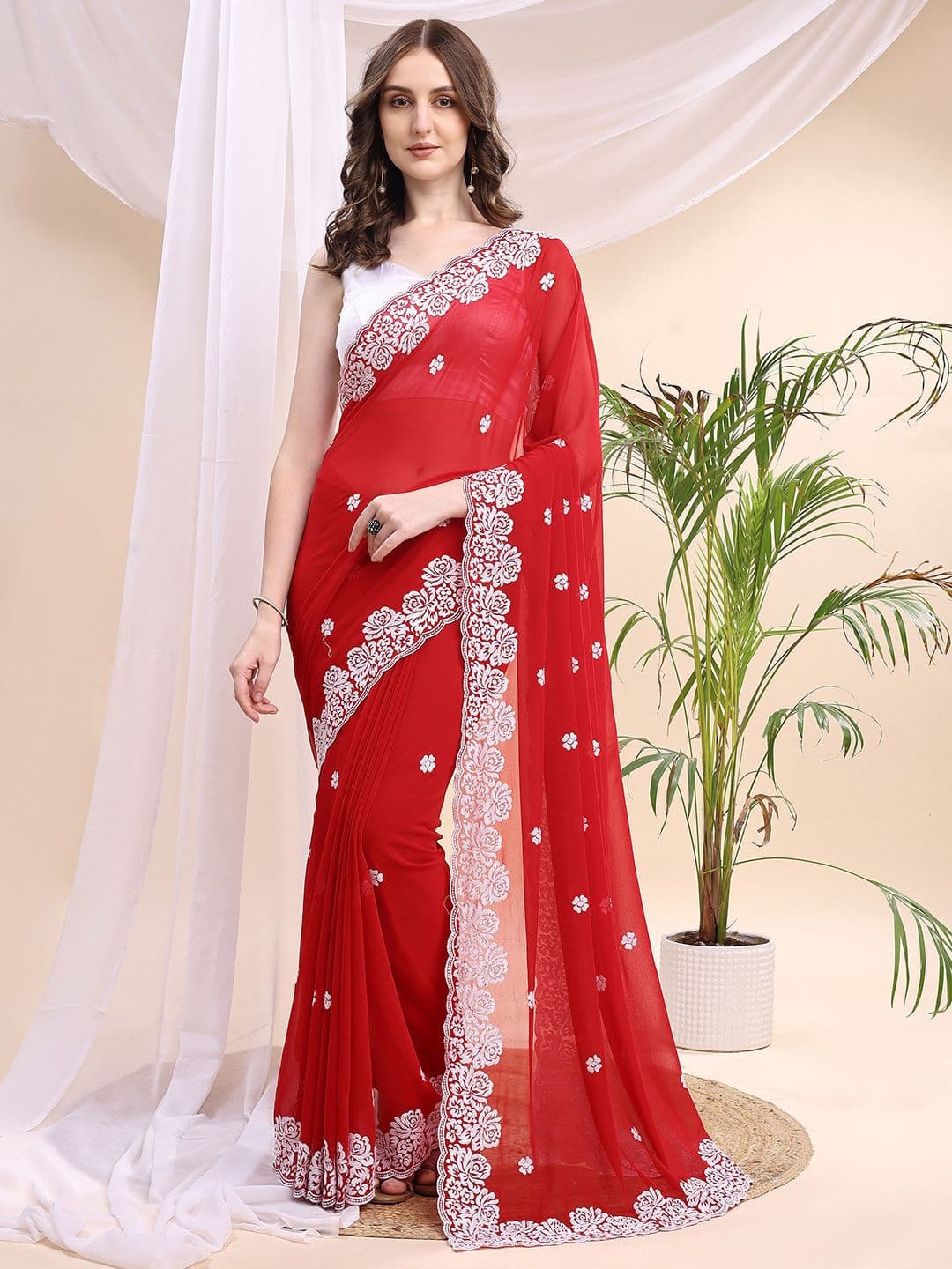 HESVI Ethnic Motifs Embroidered Pure Georgette Saree - view 1