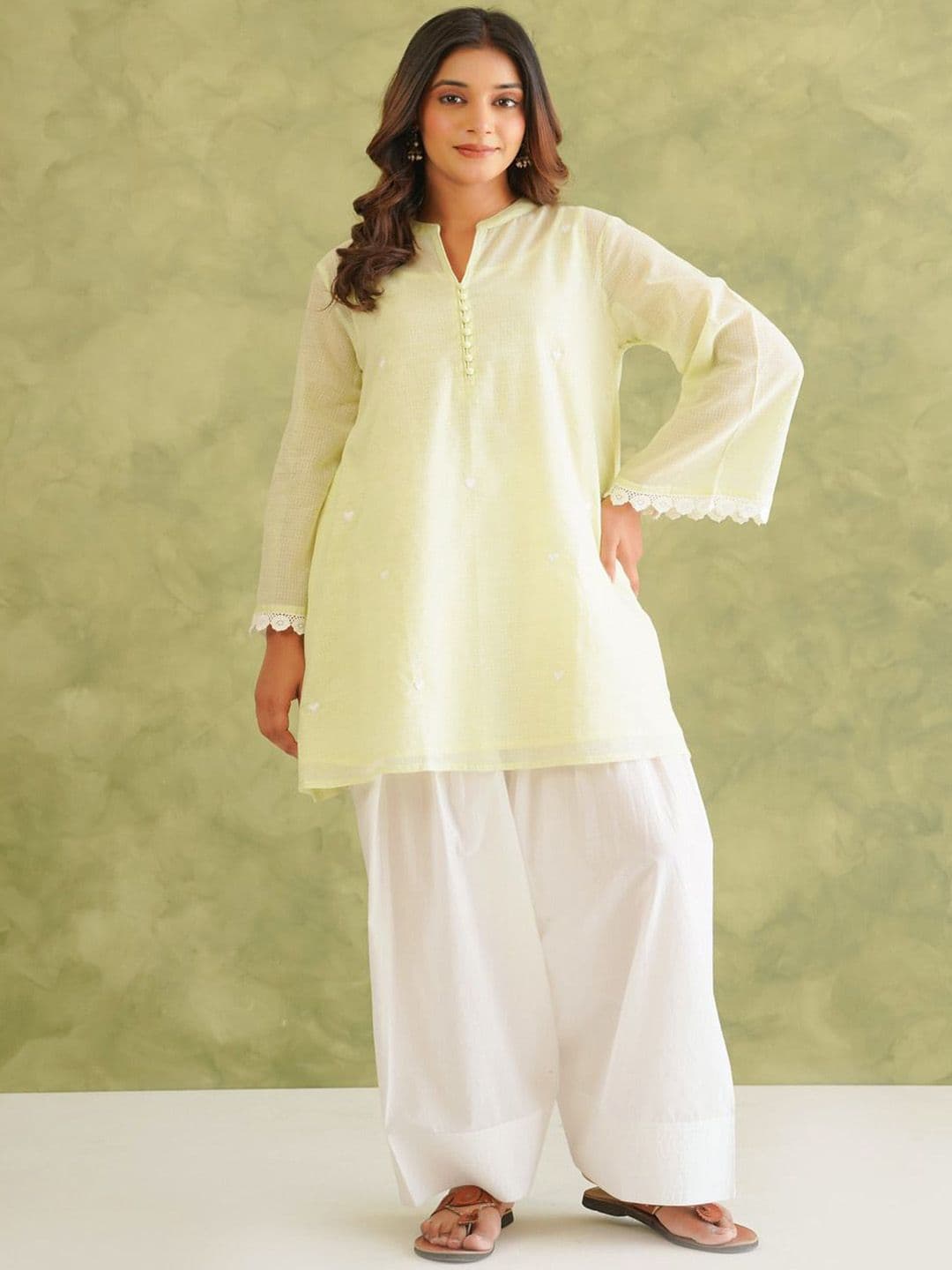 TARA-C-TARA Embroidered Pure Cotton Notch Neck Straight Kurta with Palazzos - view 1