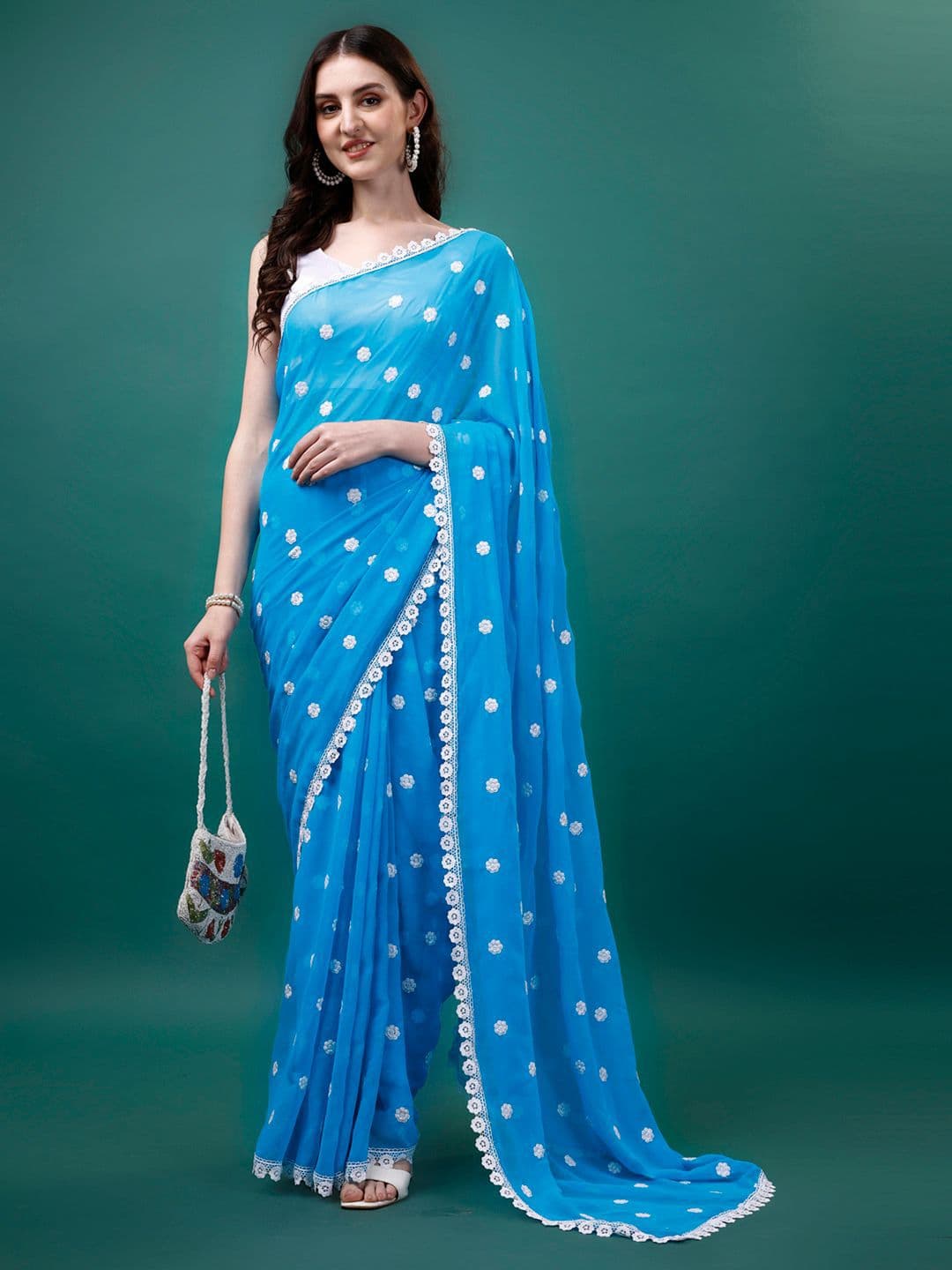 HESVI Floral Embroidered Pure Georgette Saree - view 1