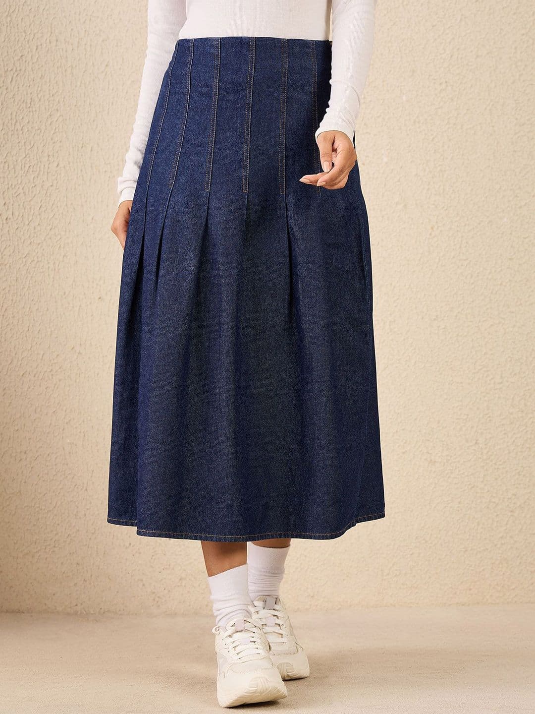 StyleStone Women Box Pleated Denim Midi Skirt - view 1