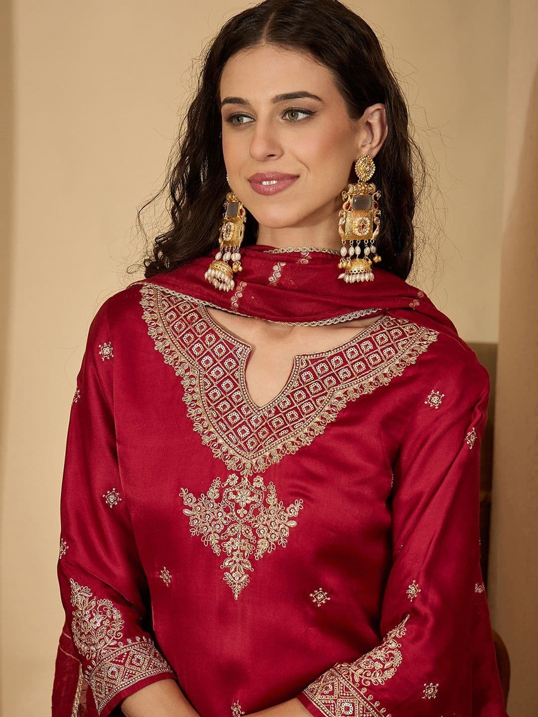 Sangria Women Ethnic Motifs Embroidered Regular Thread Work Kurta with Trousers & With Dupatta - view 1