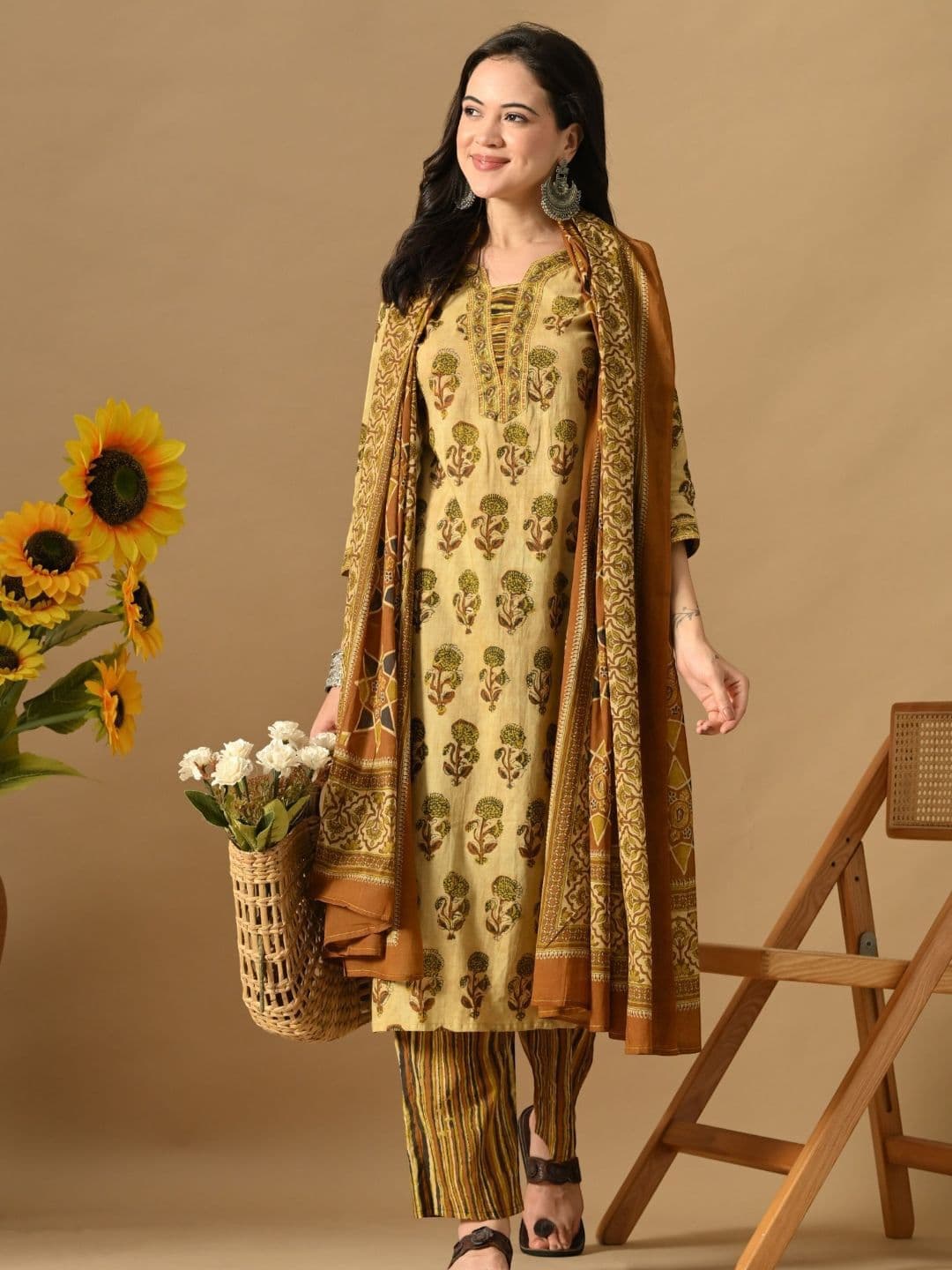 KAMODIAZ Women Ethnic Motifs Printed Pure Cotton Kurta with Trousers & Dupatta - view 1