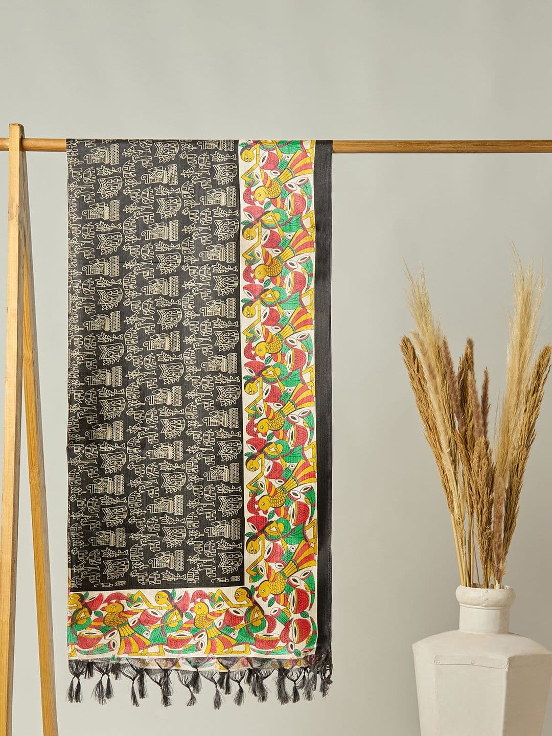 Globus Black Ethnic Motifs Printed Silk Dupatta - view 1