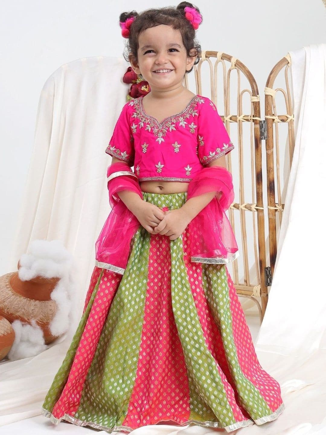 Sangria Girls Pink & Green Thread Work Lehenga & Blouse With Dupatta - view 1