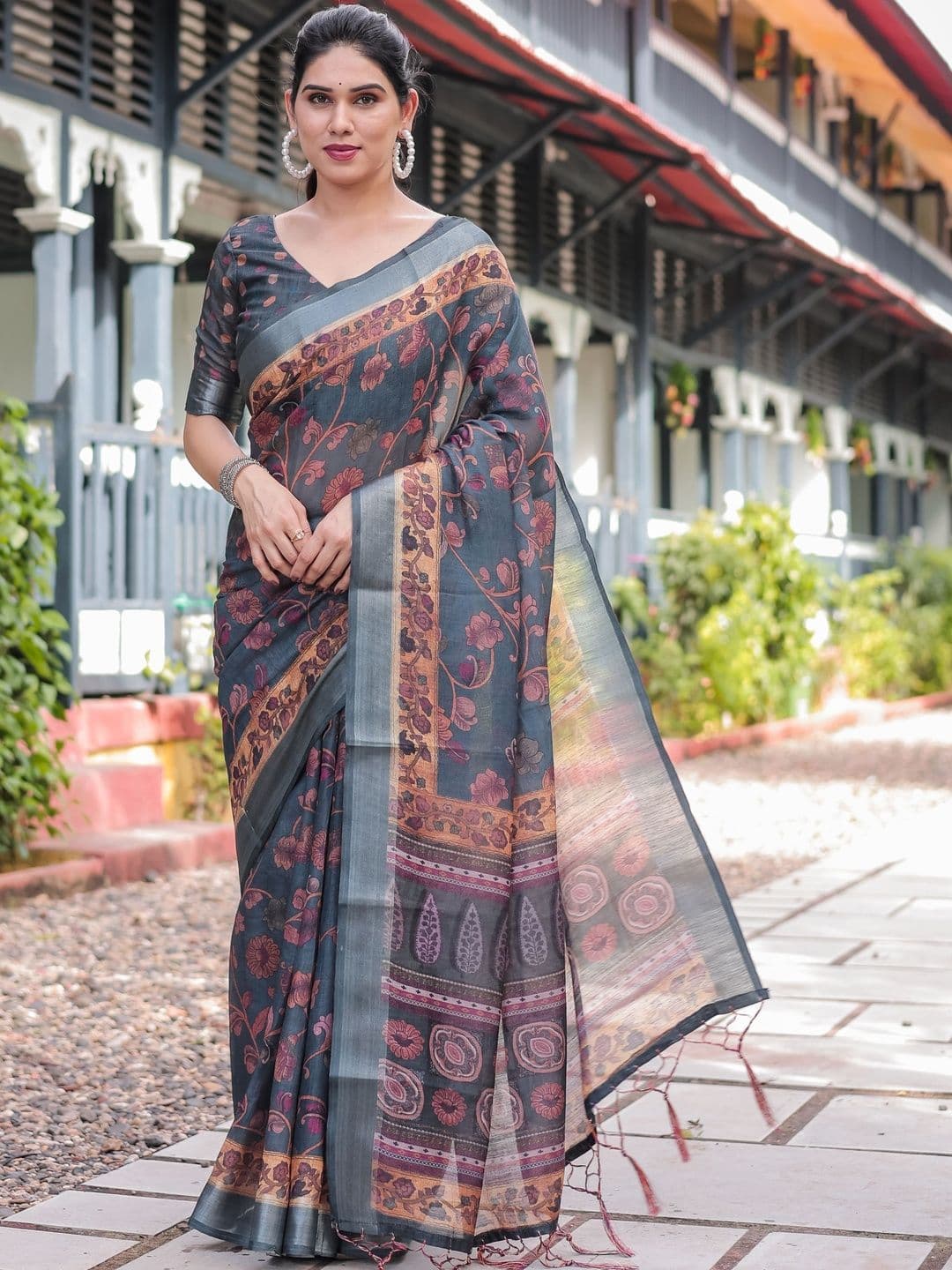 ZIRVI Floral [Printed Linen Blend Tussar Saree With Blouse - view 1