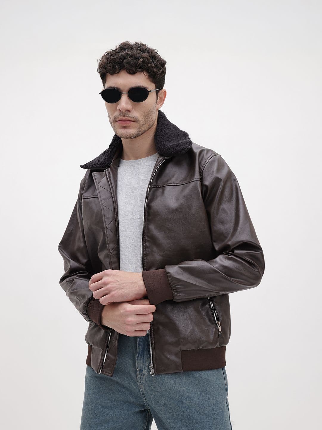 The Roadster Life Co. Faux Leather Trim Bomber Jacket with Detachable Sherpa Collar - view 1