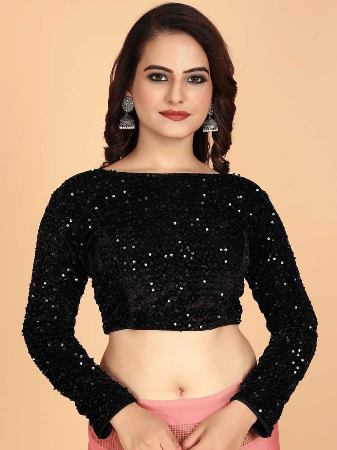 WIZULO TRENDZ Women Sequin Embellished Velvet Saree Blouse - view 1
