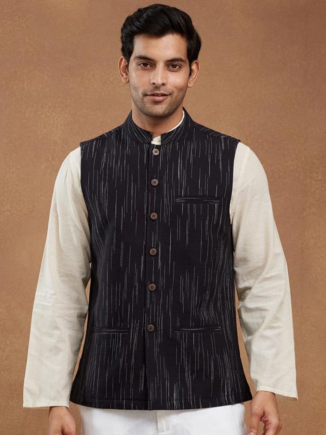 Fabindia Men Woven Design Cotton Mandarin Collar Pure Cotton Nehru Jacket - view 1