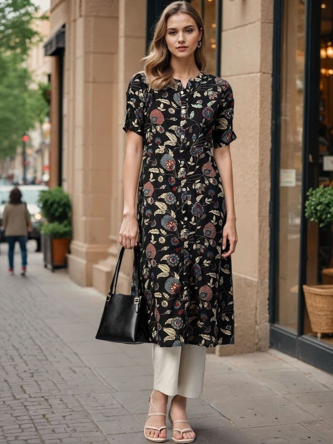SZN Women Black Print & Hand Work A-Line Cotton Stitched Kurta - view 1