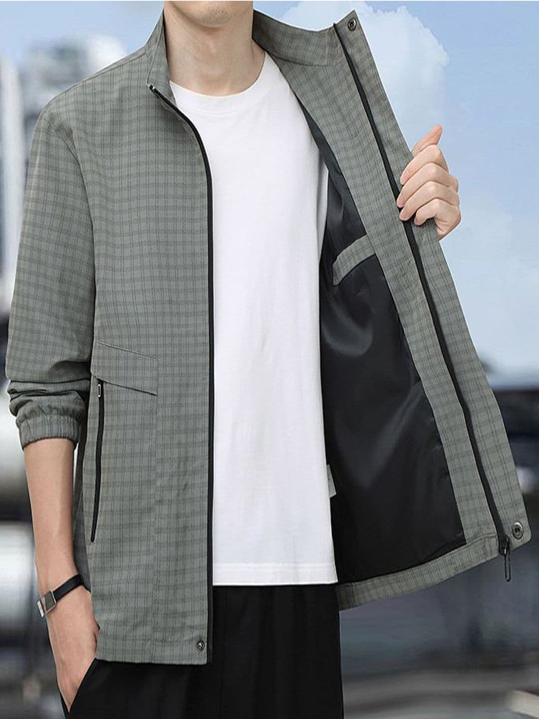 StyleCast x Revolte Men Stand Collar Checked Tailored Jacket - view 1