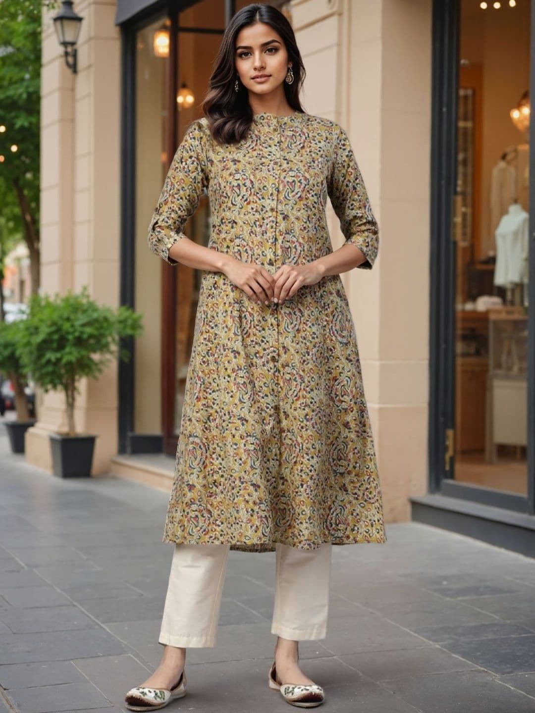 SZN Women Yellow Floral Printed A-Line Mandarin Collar Cotton Kurta - view 1