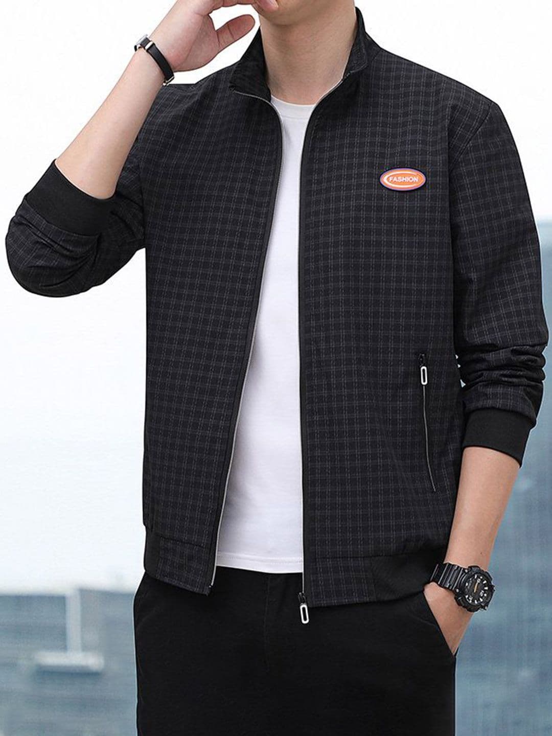 StyleCast x Revolte Men Stand Collar Checked Tailored Jacket - view 1