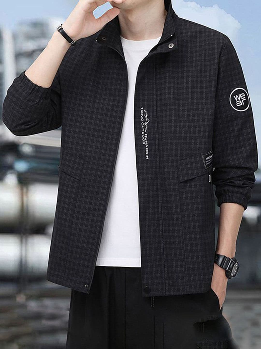StyleCast x Revolte Men Stand Collar Checked Tailored Jacket - view 1