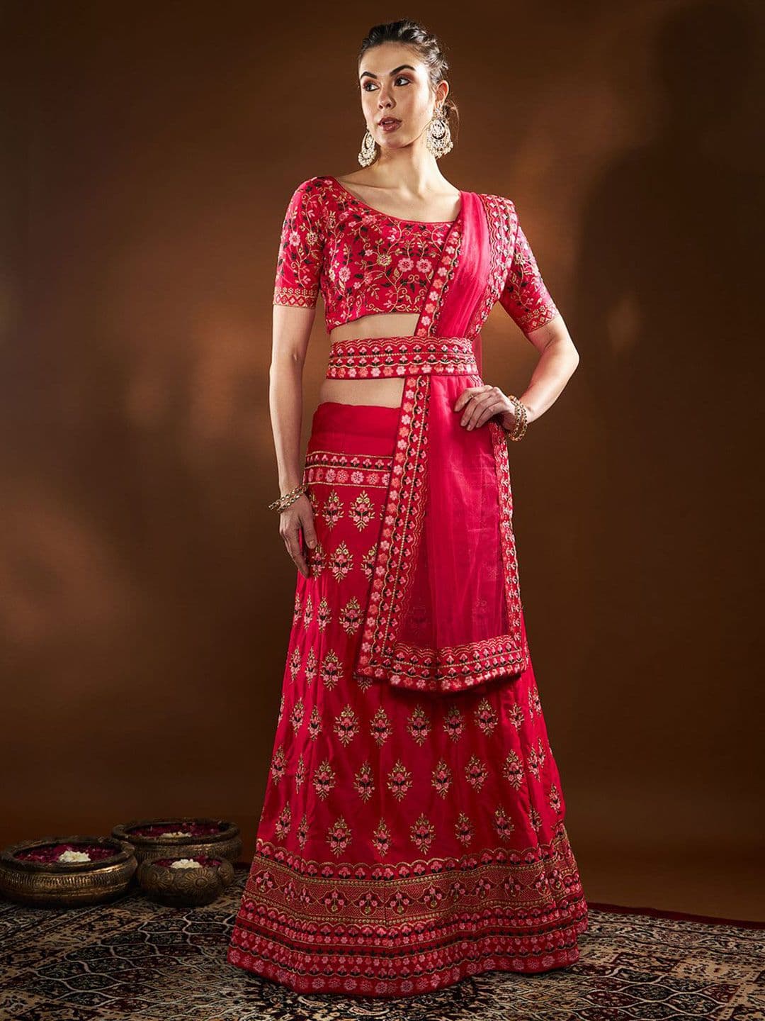 THE52 Embroidered Thread Work Semi-Stitched Lehenga & Unstitched Blouse With Dupatta - view 1