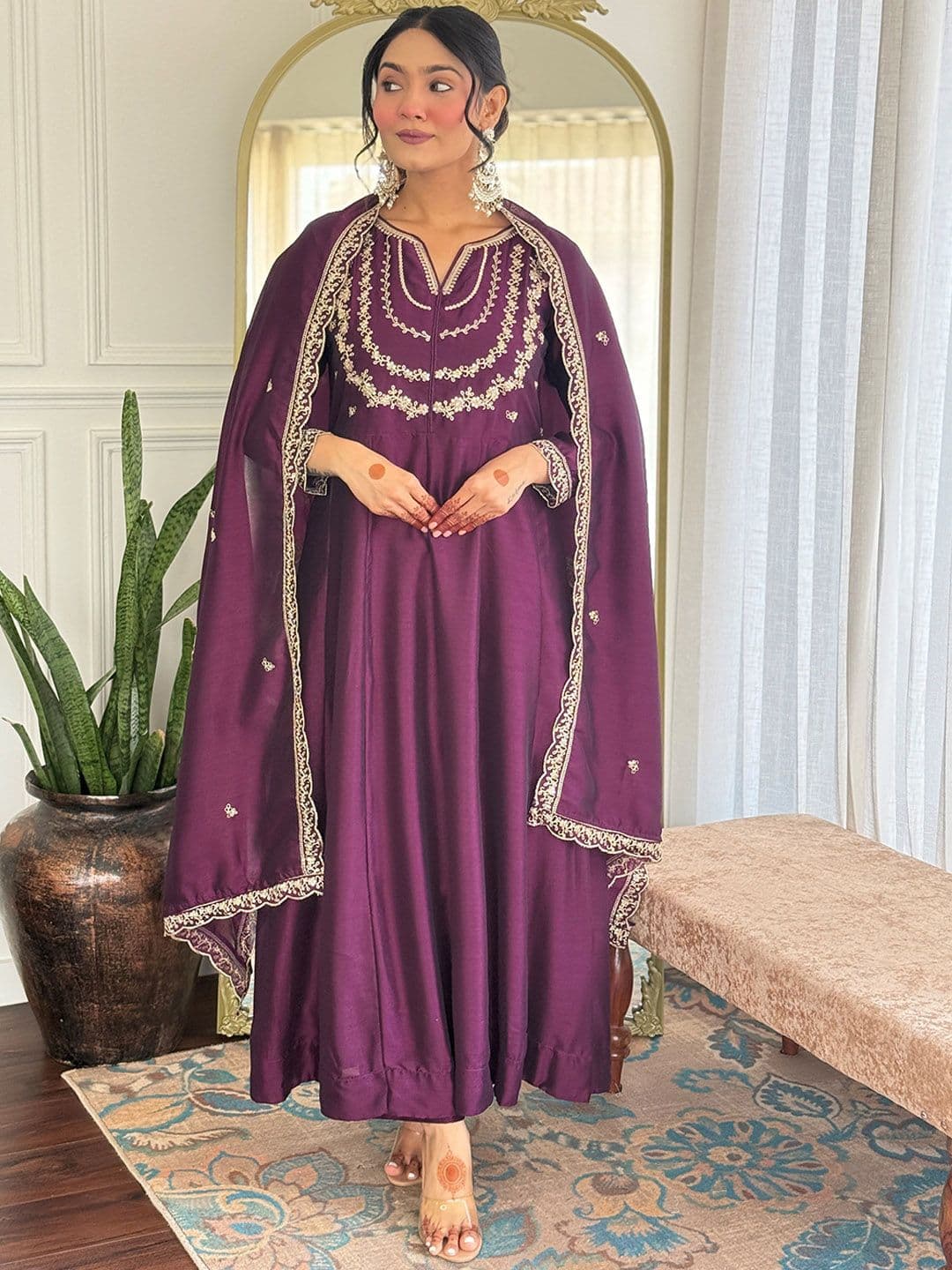 J.KANJI Women Ethnic Motifs Embroidered Thread Work Anarkali Kurta with Trousers & Dupatta - view 1