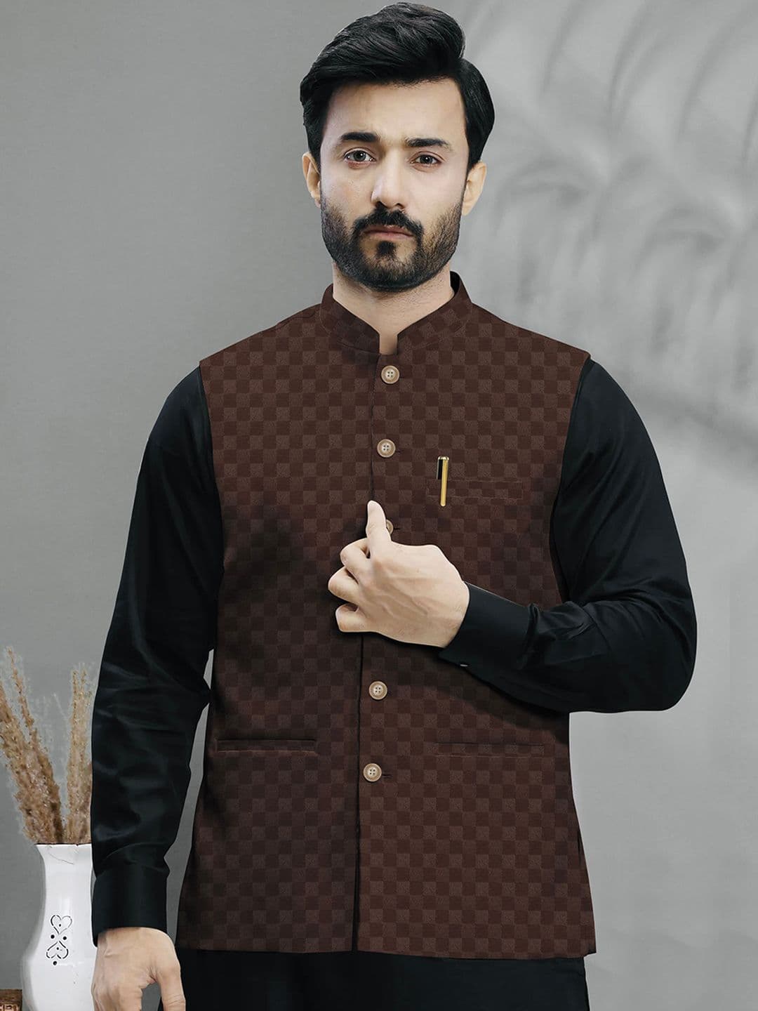 A A ENTERPRISES Woven Design Mandarin Collar Neck Nehru Jacket - view 1
