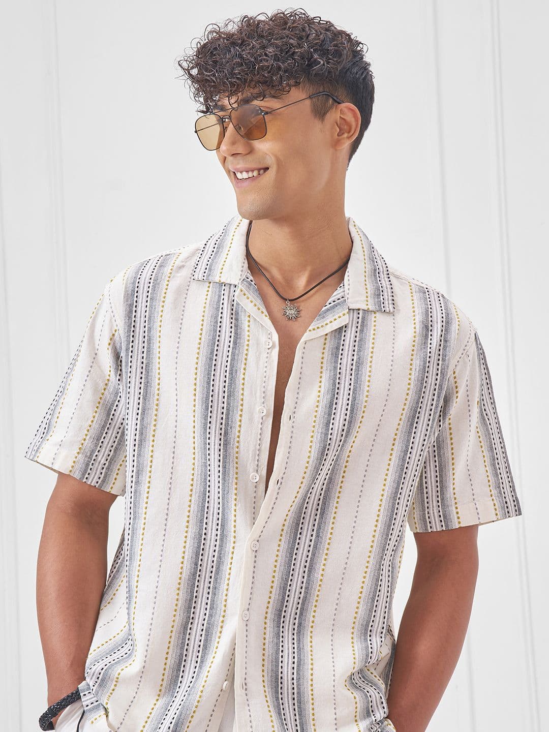 HIGHLANDER Men Relaxed Fit Vertical Striped Cuban Collar Cotton Casual Shirt - view 1