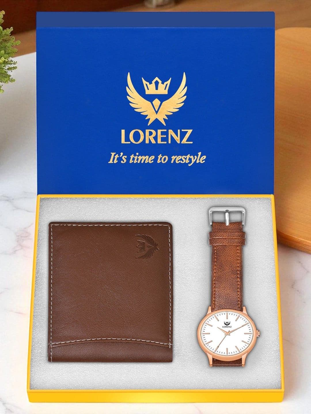 LORENZ Men Accessory Gift Set of Slim White Dial Watch & Tan Wallet - view 1