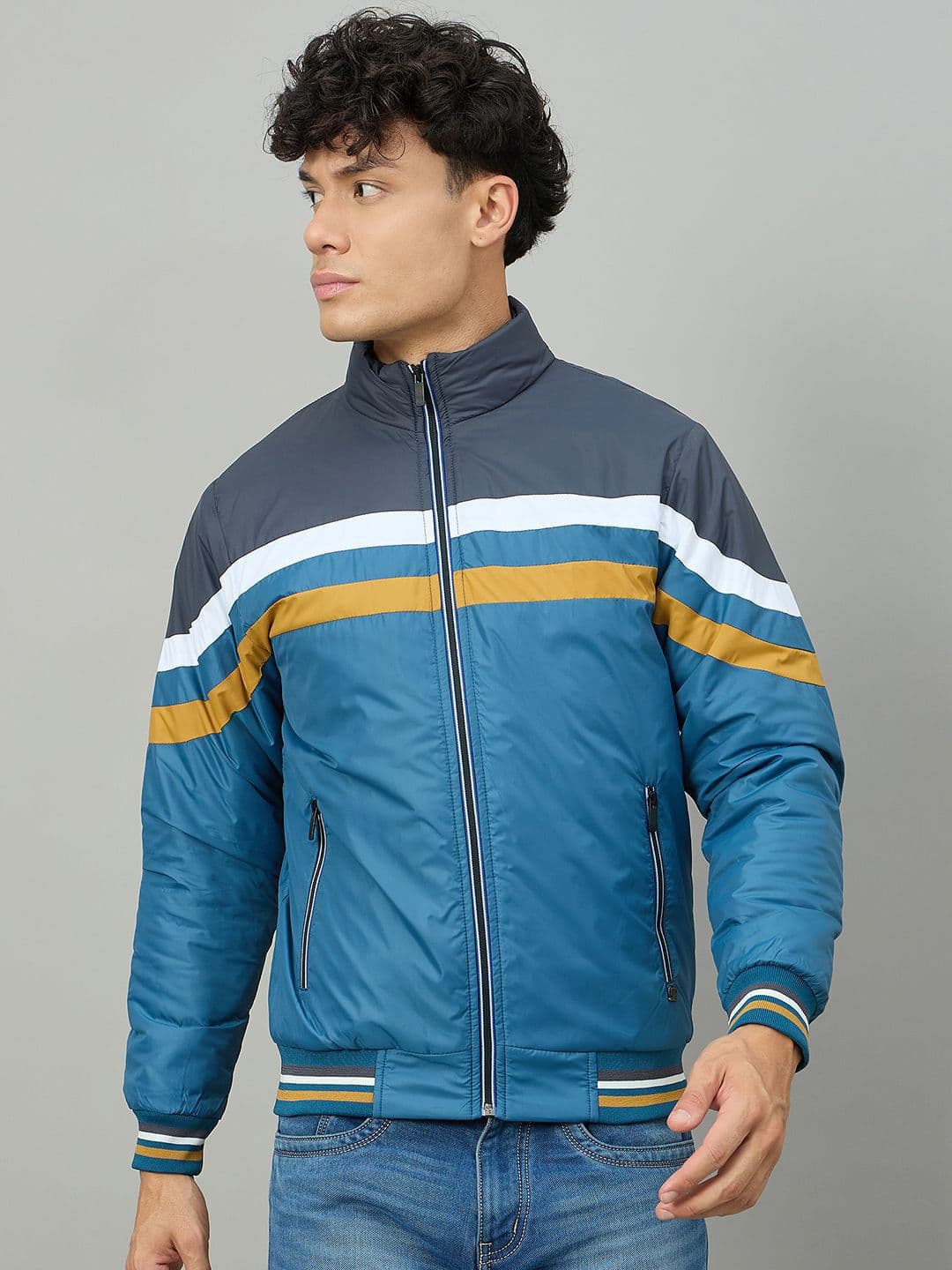 Duke Men Mock Collar Striped Bomber Jacket - view 1